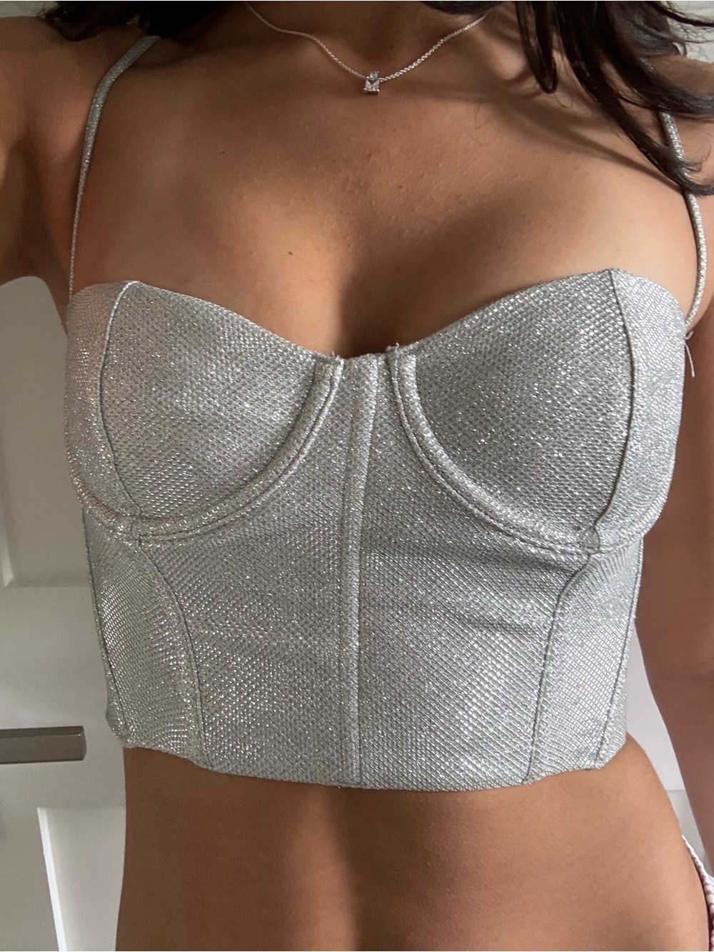 White Fox Boutique Silver Glitter Bustier Crop Top